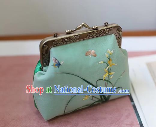 China Traditional Embroidered Green Silk Bag Suzhou Embroidery Orchids Handbag