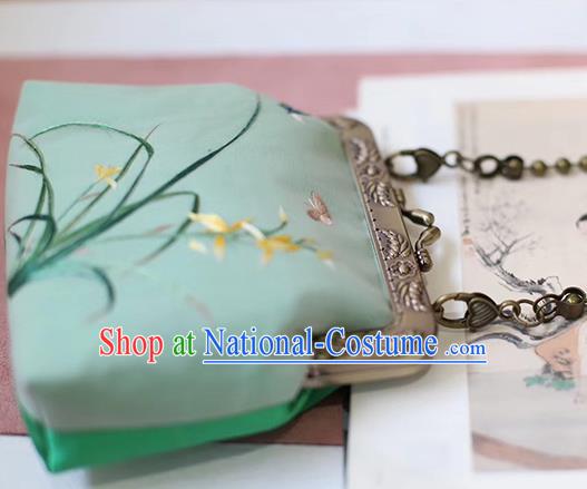 China Traditional Embroidered Green Silk Bag Suzhou Embroidery Orchids Handbag