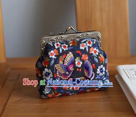 China Traditional Suzhou Embroidery Butterfly Handbag Embroidered Black Silk Bag