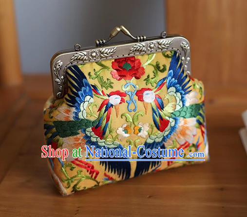 China Traditional Suzhou Embroidery Phoenix Peony Handbag Embroidered Golden Silk Bag