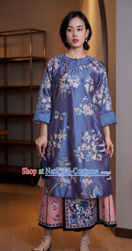 China Traditional Embroidered Blue Cheongsam Classical Silk Qipao Dress National Women Clothing