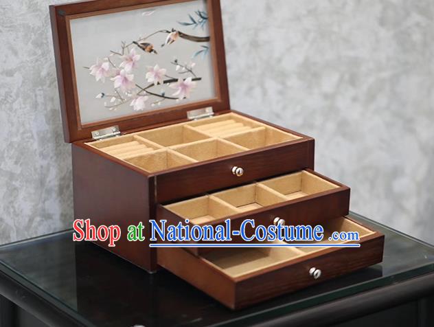 China Traditional Embroidered Jewel Case Handmade Wood Three Layers Jewelry Box