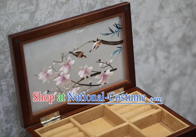 China Traditional Embroidered Jewel Case Handmade Wood Three Layers Jewelry Box