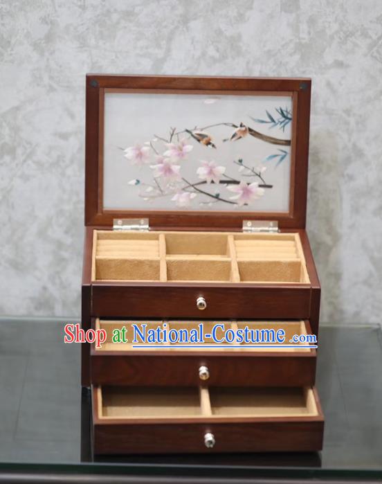 China Traditional Embroidered Jewel Case Handmade Wood Three Layers Jewelry Box