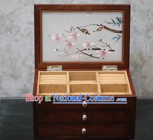 China Traditional Embroidered Jewel Case Handmade Wood Three Layers Jewelry Box