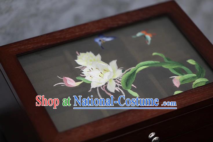 China Handmade Wood Three Layers Jewelry Box Traditional Embroidered Epiphyllum Jewel Case