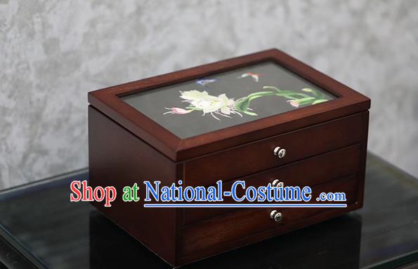 China Handmade Wood Three Layers Jewelry Box Traditional Embroidered Epiphyllum Jewel Case