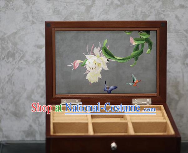 China Handmade Wood Three Layers Jewelry Box Traditional Embroidered Epiphyllum Jewel Case