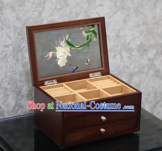 China Handmade Wood Three Layers Jewelry Box Traditional Embroidered Epiphyllum Jewel Case