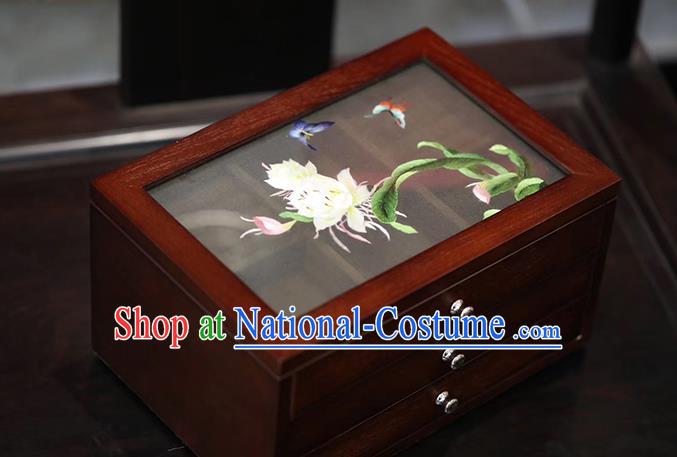 China Handmade Wood Three Layers Jewelry Box Traditional Embroidered Epiphyllum Jewel Case