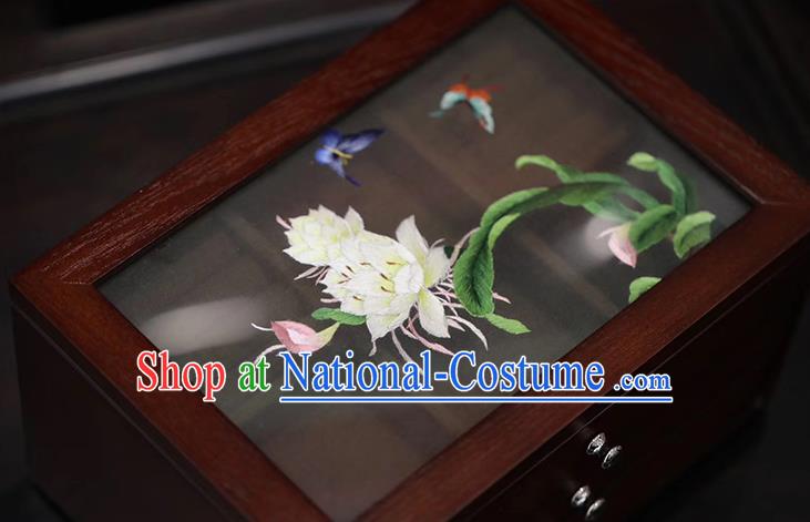 China Handmade Wood Three Layers Jewelry Box Traditional Embroidered Epiphyllum Jewel Case