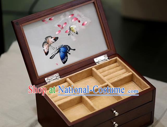 China Handmade Wood Jewelry Box Traditional Embroidered Butterfly Three Layers Jewel Case