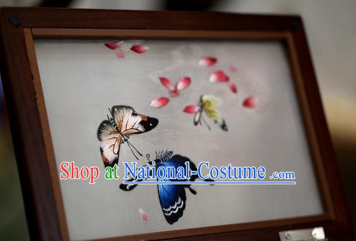 China Handmade Wood Jewelry Box Traditional Embroidered Butterfly Three Layers Jewel Case