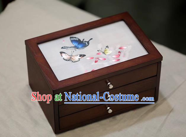 China Handmade Wood Jewelry Box Traditional Embroidered Butterfly Three Layers Jewel Case