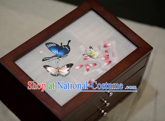 China Handmade Wood Jewelry Box Traditional Embroidered Butterfly Three Layers Jewel Case