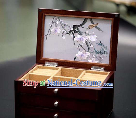 China Handmade Three Layers Jewelry Box Traditional Embroidered Mangnolia Wood Jewel Case