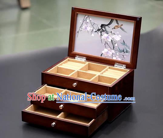 China Handmade Three Layers Jewelry Box Traditional Embroidered Mangnolia Wood Jewel Case