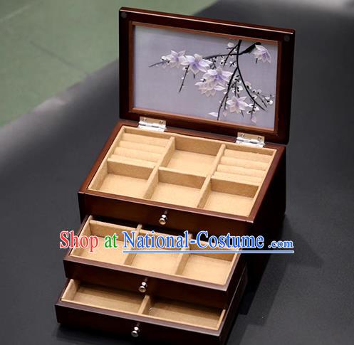 China Handmade Three Layers Jewelry Box Traditional Embroidered Mangnolia Wood Jewel Case