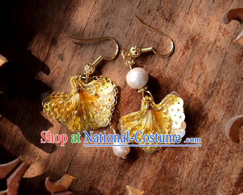 China Handmade Suzhou Embroidery Earrings Traditional Embroidered Ginkgo Leaf Ear Accessories