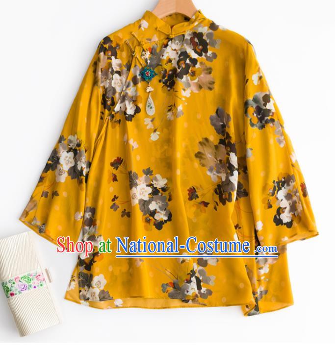 Chinese Traditional Printing Yellow Blouse Tang Suit Upper Outer Garment Classical Shirt