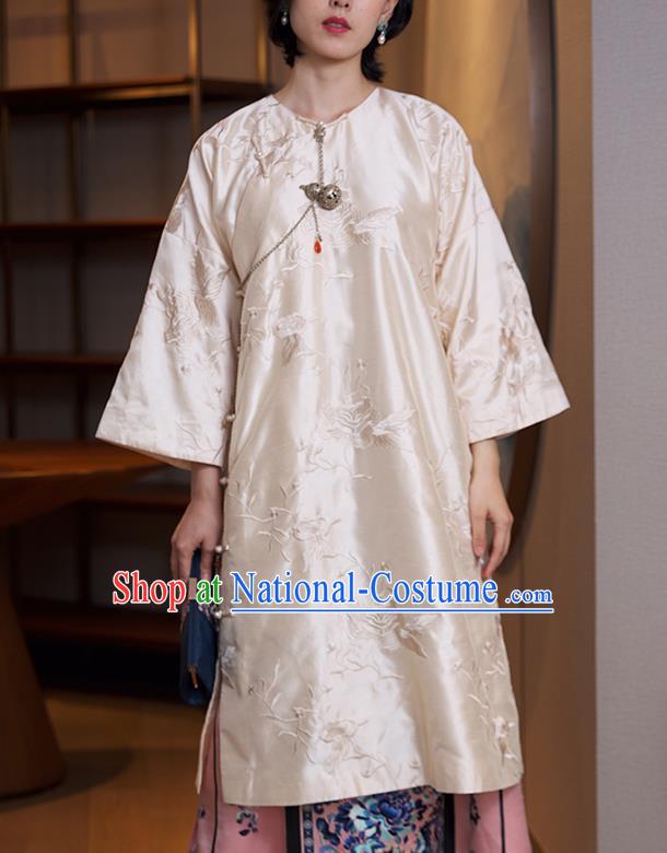 China Traditional Embroidered Beige Cheongsam Classical Qipao Dress National Women Clothing