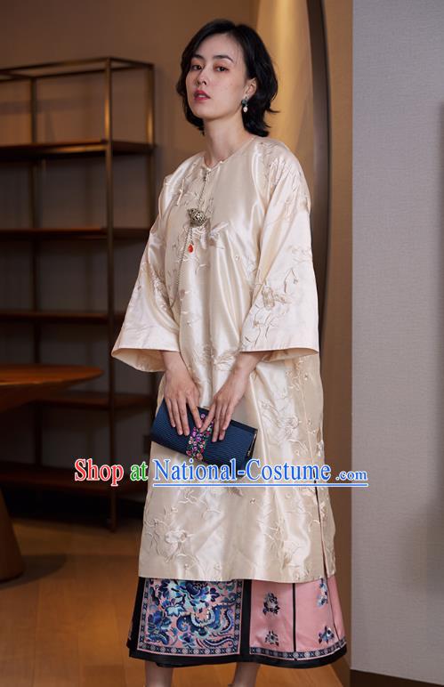 China Traditional Embroidered Beige Cheongsam Classical Qipao Dress National Women Clothing