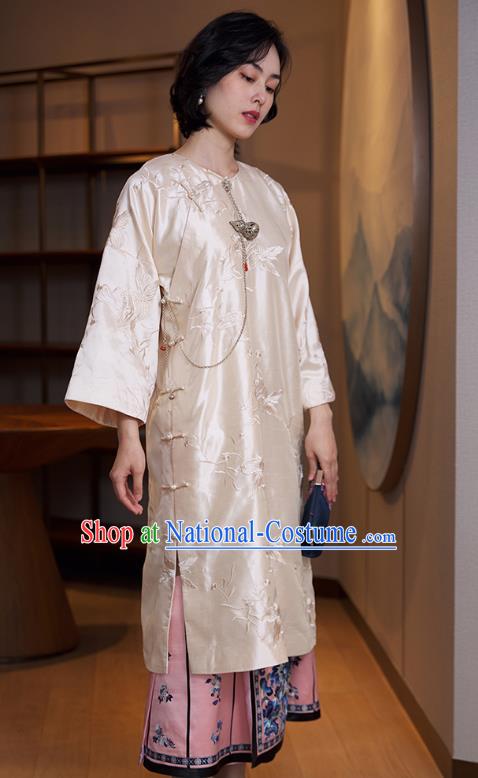 China Traditional Embroidered Beige Cheongsam Classical Qipao Dress National Women Clothing