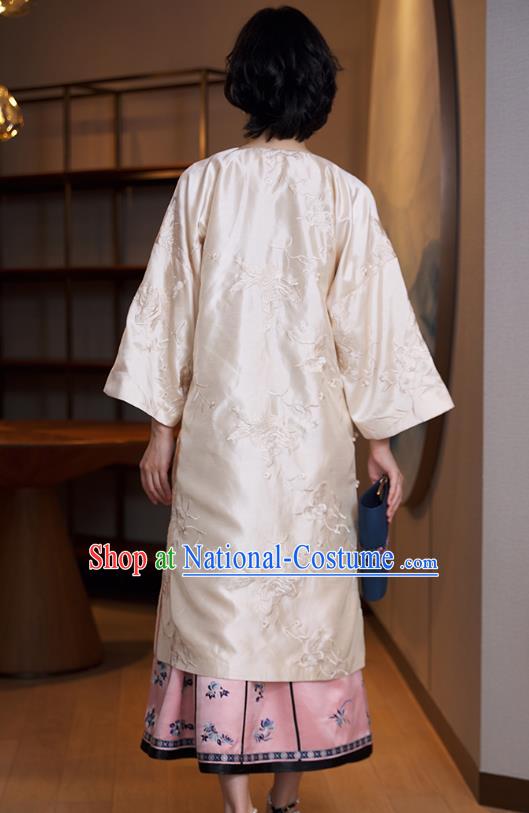 China Traditional Embroidered Beige Cheongsam Classical Qipao Dress National Women Clothing