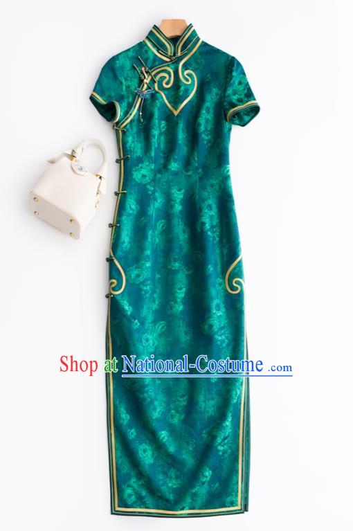 China National Women Clothing Traditional Green Silk Long Cheongsam Classical Printing Qipao Dress