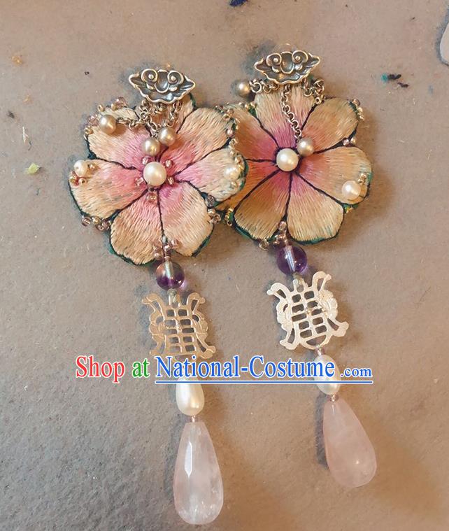 China Traditional Hanfu Embroidered Peach Blossom Earrings Rose Quartz Ear Accessories