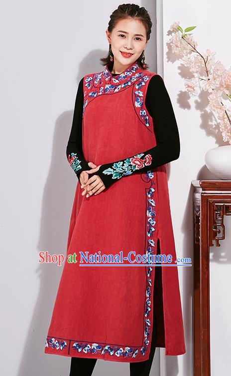 China Tang Suit Embroidered Red Cheongsam Traditional Women Classical Flax Dress National Qipao Clothing