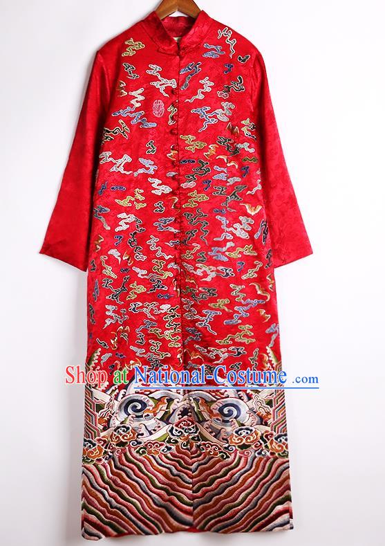 Chinese Tang Suit Dust Coat National Outer Garment Embroidered Red Brocade Costume