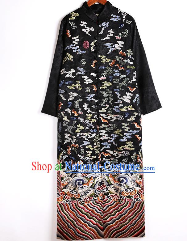 Chinese National Outer Garment Embroidered Brocade Costume Tang Suit Black Dust Coat