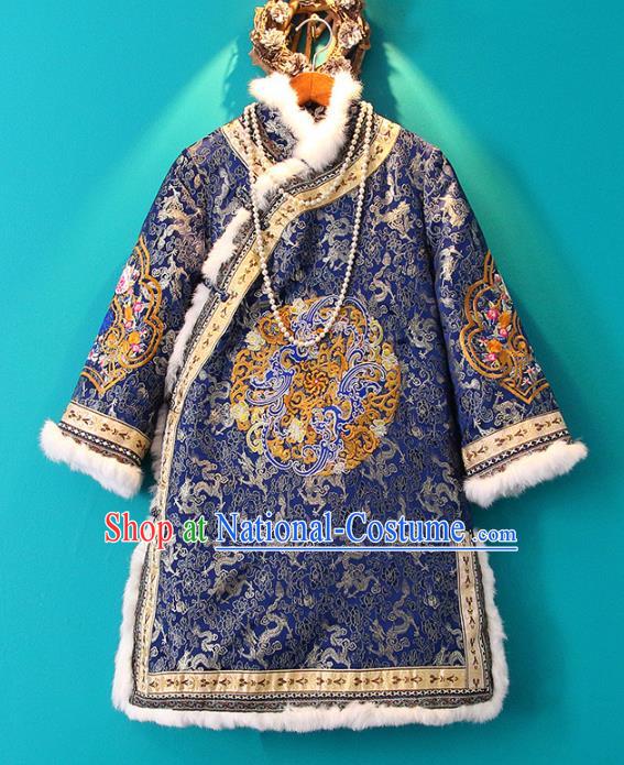 Chinese Tang Suit Royalblue Cotton Padded Jacket Embroidered Coat National Outer Garment