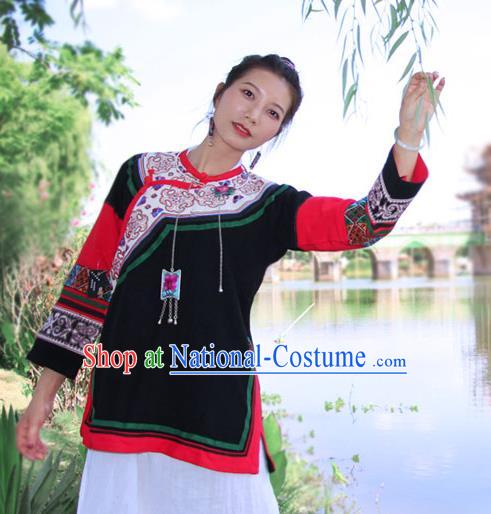 Chinese Embroidered Black Flax Jacket Tang Suit Outer Garment Yunnan National Costume