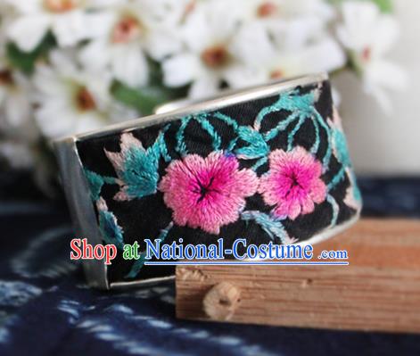 China Handmade National Embroidered Bracelet Ethnic Women Accessories Silver Bells Tassel Bangle