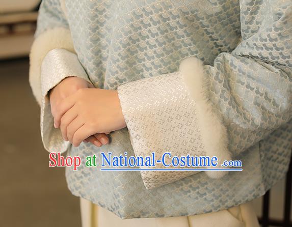 Chinese National Light Blue Cotton Padded Jacket Tang Suit Upper Outer Garment Women Winter Costume