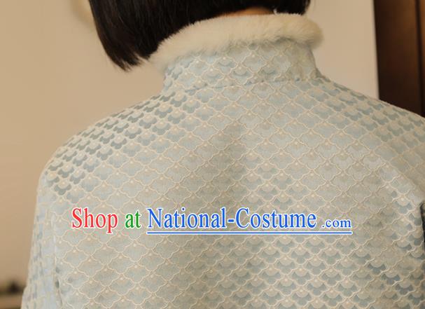 Chinese National Light Blue Cotton Padded Jacket Tang Suit Upper Outer Garment Women Winter Costume