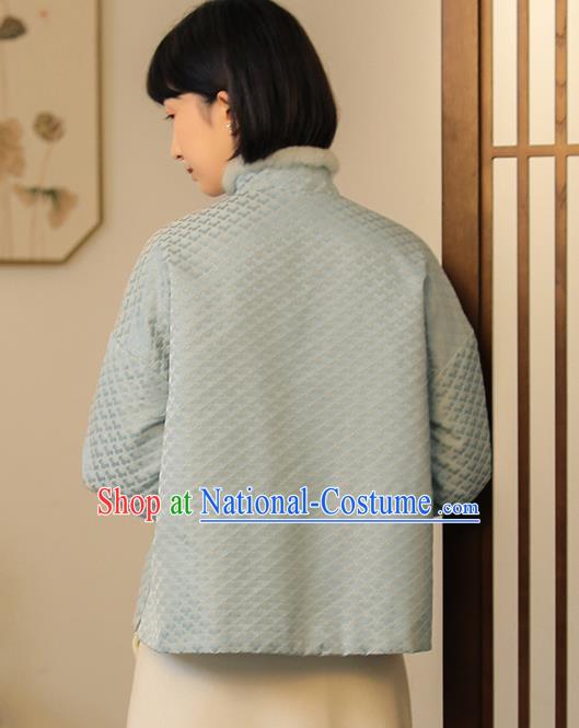 Chinese National Light Blue Cotton Padded Jacket Tang Suit Upper Outer Garment Women Winter Costume