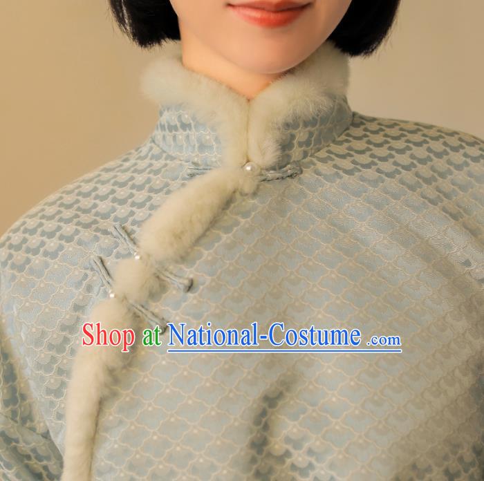 Chinese National Light Blue Cotton Padded Jacket Tang Suit Upper Outer Garment Women Winter Costume