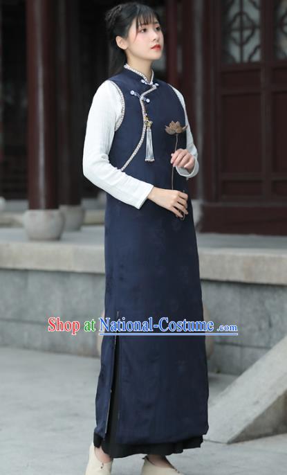 China Tang Suit Navy Vest Cheongsam Traditional Women Classical Dress National Qipao Clothing