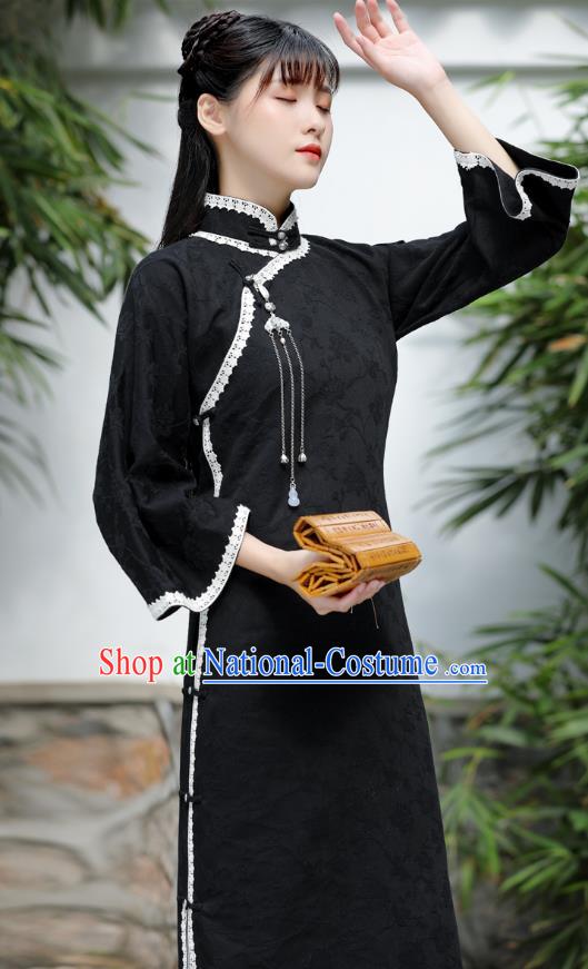 China Tang Suit Black Flax Cheongsam National Qipao Traditional Women Classical Dress Clothing