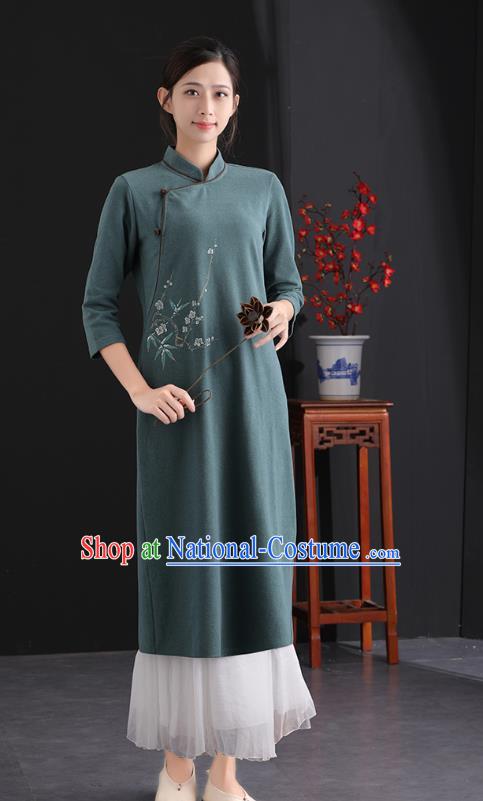 China National Qipao Traditional Women Classical Dress Clothing Tang Suit Dark Green Cheongsam