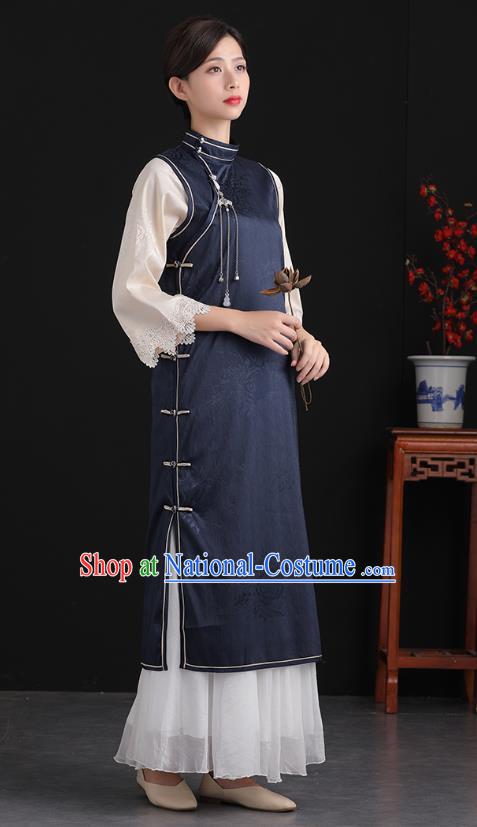 China Tang Suit National Qipao Clothing Traditional Women Classical Dress Navy Silk Cheongsam