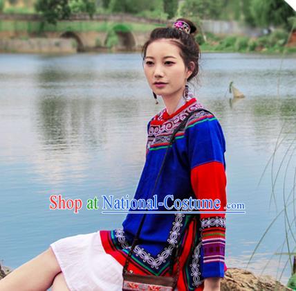 Chinese Tang Suit Upper Outer Garment Yunnan National Costume Embroidered Royalblue Flax Jacket