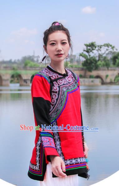 Chinese Yunnan National Costume Embroidered Red Flax Jacket Tang Suit Upper Outer Garment