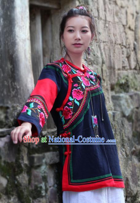 Chinese Yunnan Ethnic Costume Embroidered National Navy Flax Jacket Tang Suit Upper Outer Garment