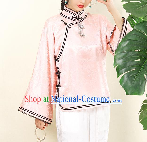 Chinese Traditional Pink Silk Cheongsam Blouse Tang Suit Upper Outer Garment Classical Wide Sleeve Shirt