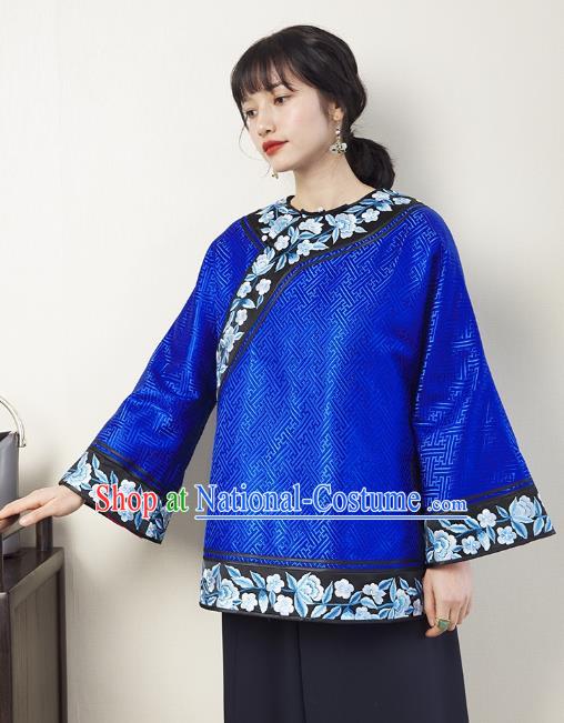 Chinese Traditional Qing Dynasty Royalblue Brocade Coat Embroidered Costume Classical Tang Suit Outer Garment