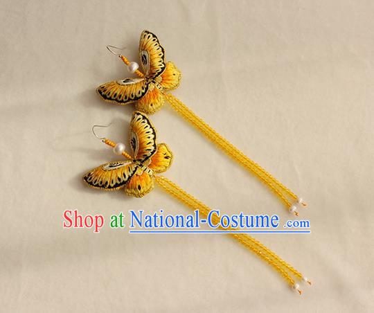 China Classical Yellow Beads Tassel Ear Accessories Women Jewelry Handmade Traditional Embroidered Butterfly Earrings